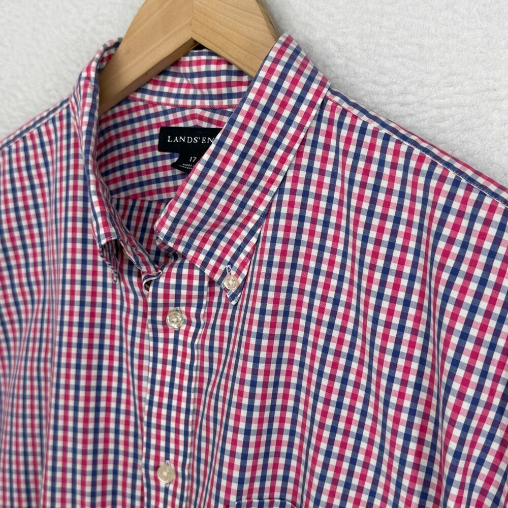 LANDS END Shirt Mens XL Gingham Check Poplin Short Sleeve Camp Cotton Red